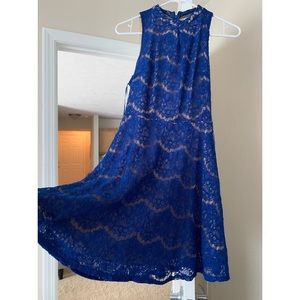 Blue lace high neck cocktail dress